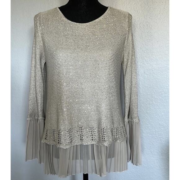 Sioni Women’s Large Sequin Layered Pleat Trim Pullover Sweater Twee Pop Beige - Picture 2 of 12